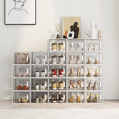 SEE SPRING Large 12 Pack Shoe Storage Box, Shoe Organizer for Closet, Clear Plastic Stackable Shoe Boxes, Space Saving Foldable Sneaker Shoe Rack Containers Bin Holder (Clear)
