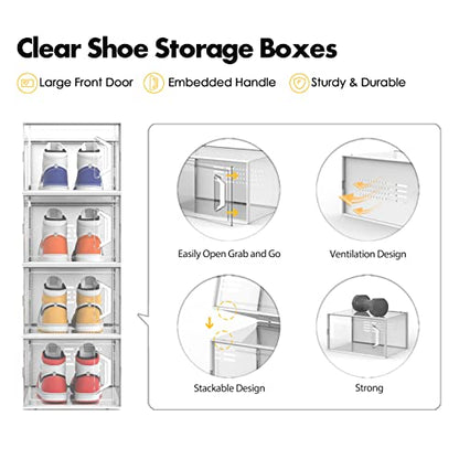 SEE SPRING Large 12 Pack Shoe Storage Box, Shoe Organizer for Closet, Clear Plastic Stackable Shoe Boxes, Space Saving Foldable Sneaker Shoe Rack Containers Bin Holder (Clear)