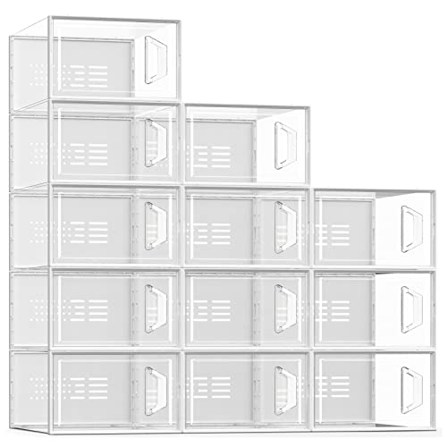 SEE SPRING Large 12 Pack Shoe Storage Box, Shoe Organizer for Closet, Clear Plastic Stackable Shoe Boxes, Space Saving Foldable Sneaker Shoe Rack Containers Bin Holder (Clear)